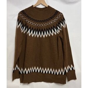 Unbranded Fair Isle Sweater Mens XL Brown Excellent Nordic Geometric Mock Neck